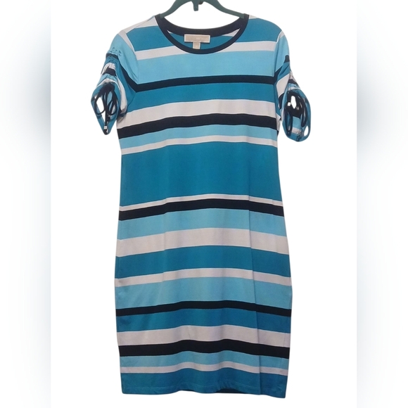 Michael Kors - NWOT, Multi Colored Striped Dress, Short Sleeves W/ Ruching & Tie - Picture 2 of 10